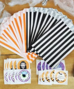 Sachet bonbons halloween vide – orange et noir – lot de 20 + autocollants