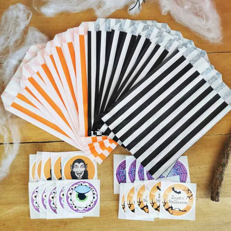 Sachet bonbons halloween vide – orange et noir – lot de 20 + autocollants