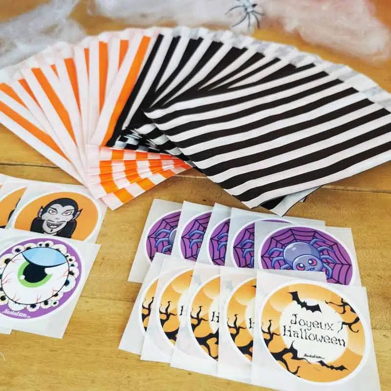 Sachet bonbons halloween vide – orange et noir – lot de 20 + autocollants – Image 4