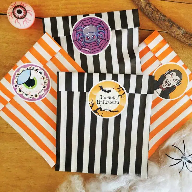 Sachet bonbons halloween vide – orange et noir – lot de 20 + autocollants – Image 2