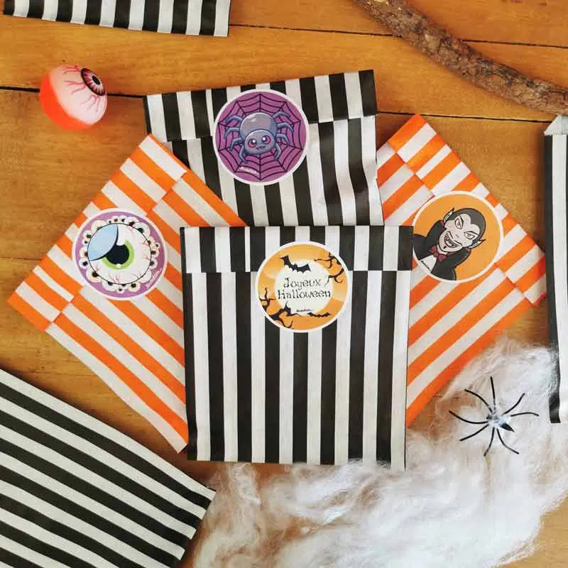 Sachet bonbons halloween vide – orange et noir – lot de 20 + autocollants – Image 3