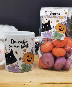 Halloween – Mug Bubble tea “Du café ou un sort” +  15 guimauves Citrouille/Tête de mort