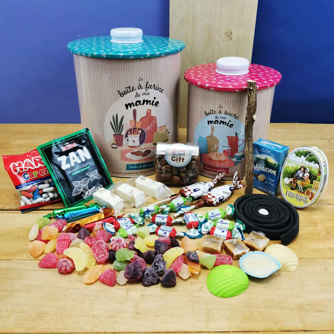 Lot de 2 boîtes “La boîte à sucre de ma mamie” remplie de confiseries d’antan