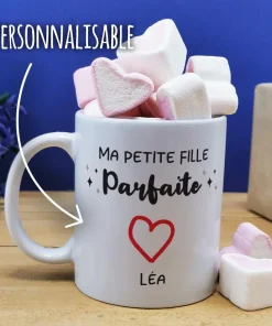 Mug “Ma petite fille parfaite” personnalisé  et ses guimauves coeurs x10 – cadeau papy et mamie