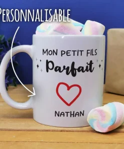 Mug “Mon petit fils parfait” personnalisé   et ses guimauves torsade x5 – cadeau papy mamie