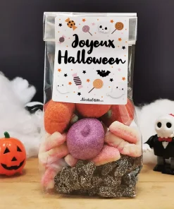 Sachet de Bonbons Halloween : tarentules noirs, dentiers et 5 guimauves tête de mort et citrouille