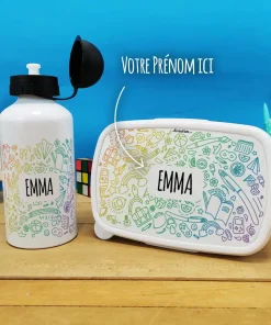Boîte à goûter & gourde enfant personnalisées  – Arc en ciel  :  fille ou garçon
