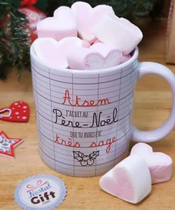 Mug “ATSEM j’ai dit au Père Noël que tu avais été très sage” – cadeau personnalisé  et ses guimauves coeurs x10