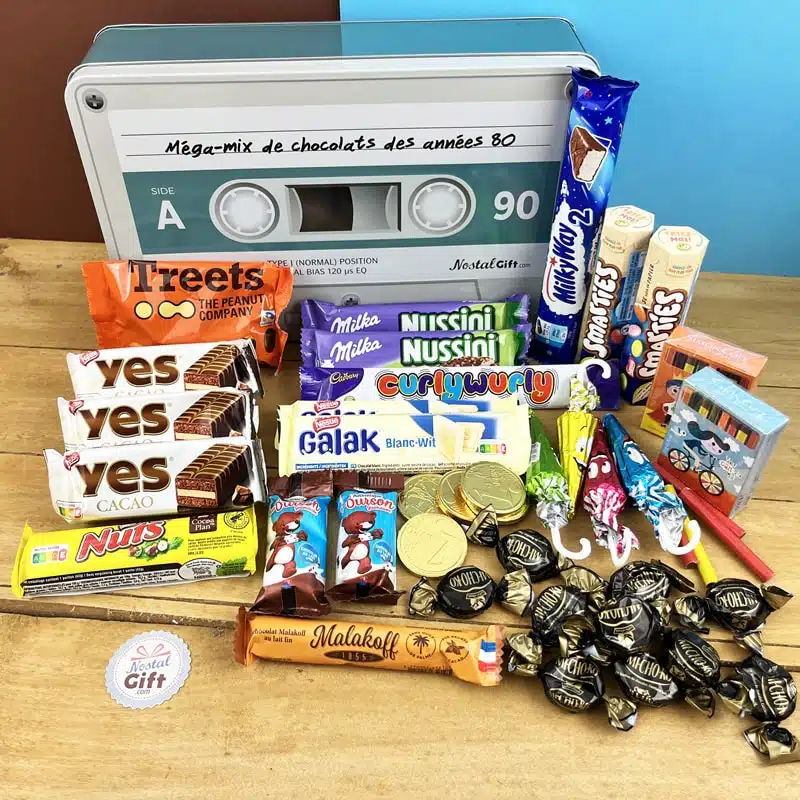 Coffret cadeau – Boîte en métal cassette – Chocolats des années 80 – grand coffret chocolat original