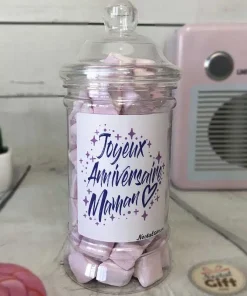 Bonbonnière maman – “Joyeux anniversaire maman” – 15 cœurs guimauve