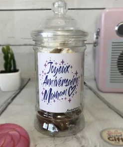 Bonbonnière maman – “Joyeux anniversaire maman” – 10x Nougats – 10x Caramel