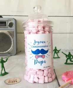 Bonbonnière Papa Moustache – 300 petits chamallows – “Joyeux anniversaire Papa”