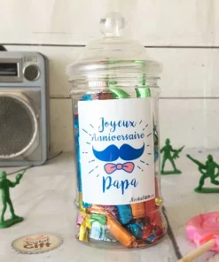 Bonbonnière Papa Moustache – 40 minis sucre d’orge – “Joyeux anniversaire papa”