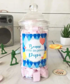 Bonbonnière Papa Carreau – 15 cœurs guimauve – “Bonne fête des pères Papa”