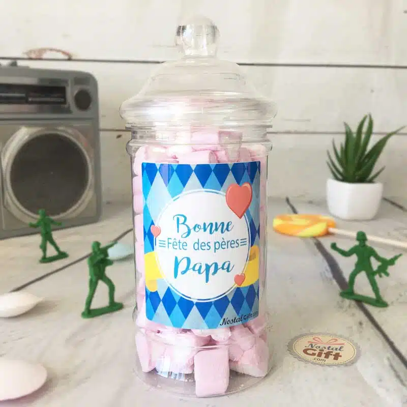 Bonbonnière Papa Carreau – 15 cœurs guimauve – “Bonne fête des pères Papa”