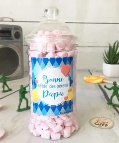 Bonbonnière Papa carreau – 300 petits chamallows – “Bonne fête des pères Papa”
