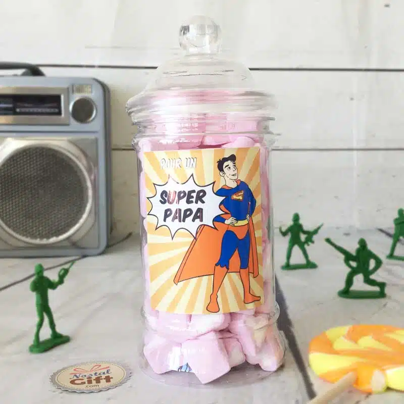 Bonbonnière Papa – 15 cœurs guimauve – “Papa Super-Héros”