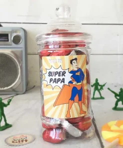 Bonbonnière Papa – Cœur en chocolat noir et lait fourrés praliné x20 – “Papa Super-Héros”