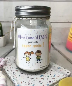Bougie Jar “Merci à mon Atsem pour cette super année” – cadeau Atsem – Dessins d’enfants