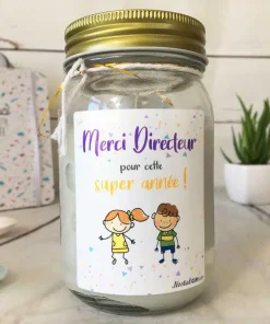 Bougie Jar “Merci Directeur pour cette super année !” – cadeau Directeur école – Dessins d’enfants