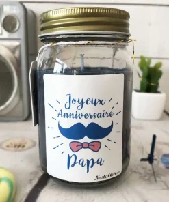 Bougie Jar “Joyeux anniversaire Papa” moustache – cadeau anniversaire papa