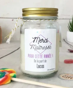 Bougie Jar personnalisée “Merci Maîtresse pour cette année !” – cadeau maîtresse
