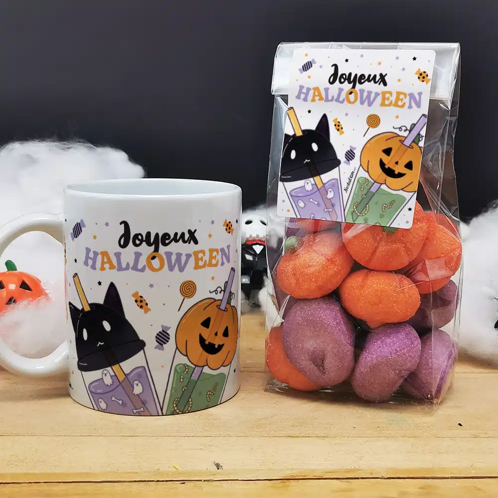 Halloween – Mug Bubble tea “Joyeux Halloween” + 15 guimauves Tête de mort
