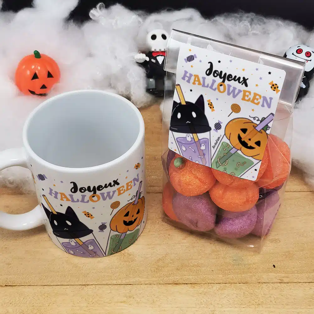 Halloween – Mug Bubble tea “Joyeux Halloween” + 15 guimauves Tête de mort – Image 4