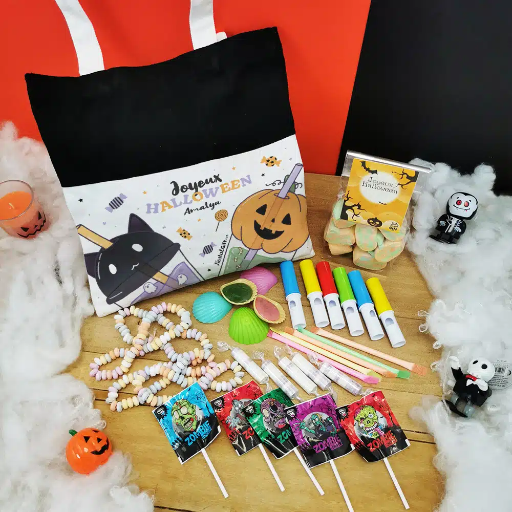 Sac Bubble Tea Personnalisé “Joyeux Halloween” rempli de bonbons