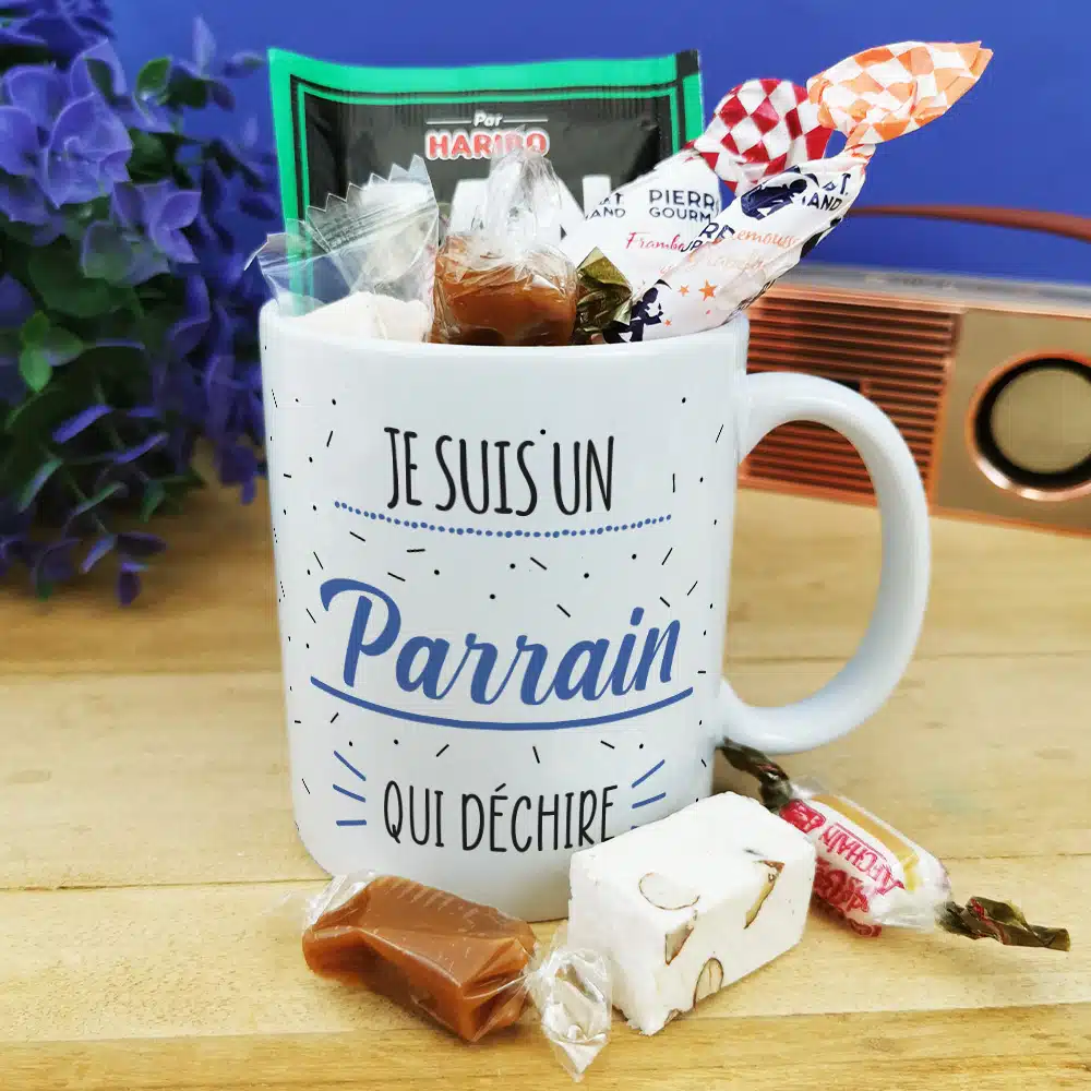 MUG “Je suis un parrain qui déchire” bonbons rétro 60 – Cadeau Parrain – Image 3