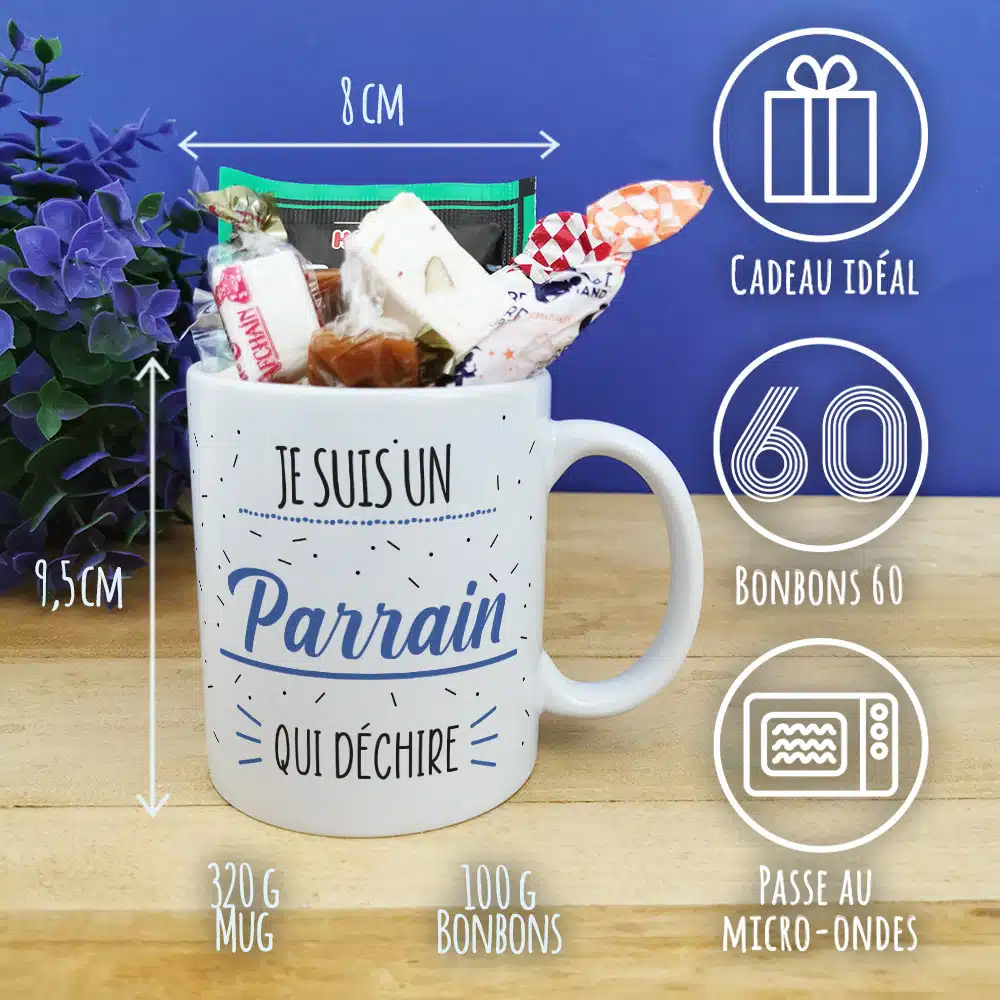 MUG “Je suis un parrain qui déchire” bonbons rétro 60 – Cadeau Parrain – Image 6