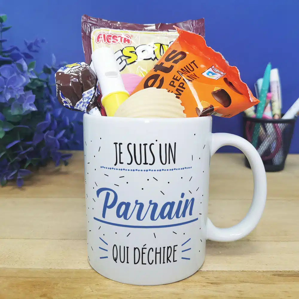 MUG “Je suis un parrain qui déchire ” bonbons rétro 70 – Cadeau Parrain – Image 2