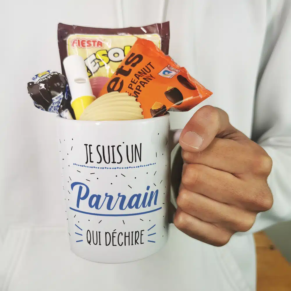 MUG “Je suis un parrain qui déchire ” bonbons rétro 70 – Cadeau Parrain