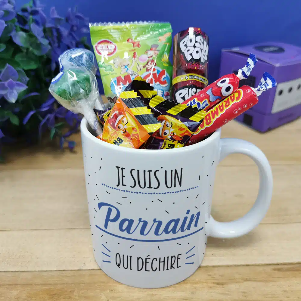 MUG “Je suis un parrain qui déchire” bonbons rétro 90 – Cadeau Parrain