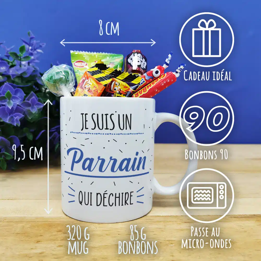 MUG “Je suis un parrain qui déchire” bonbons rétro 90 – Cadeau Parrain – Image 3