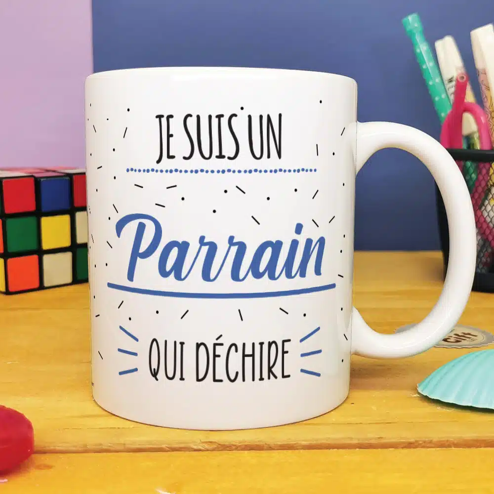 MUG “Je suis un parrain qui déchire” bonbons rétro 60 – Cadeau Parrain – Image 2