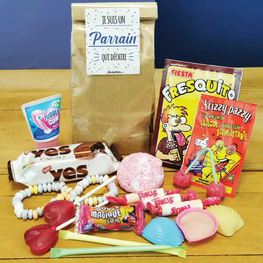 Sachet Bonbon des années 80 “Je suis un parrain qui déchire” – Cadeau Parrain