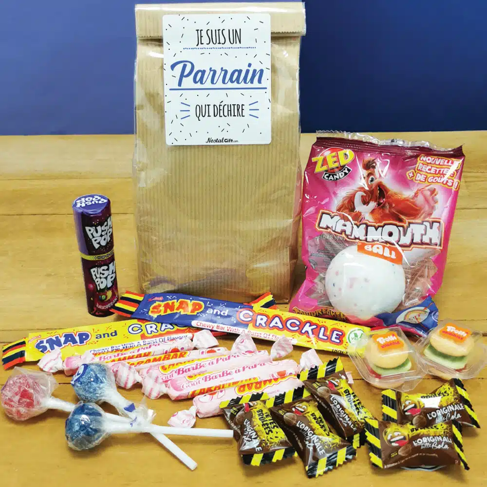 Sachet Bonbon des années 90 “Je suis un parrain qui déchire” – Cadeau Parrain