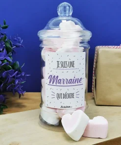 Bonbonnière coeurs guimauve  “Marraine qui déchire”