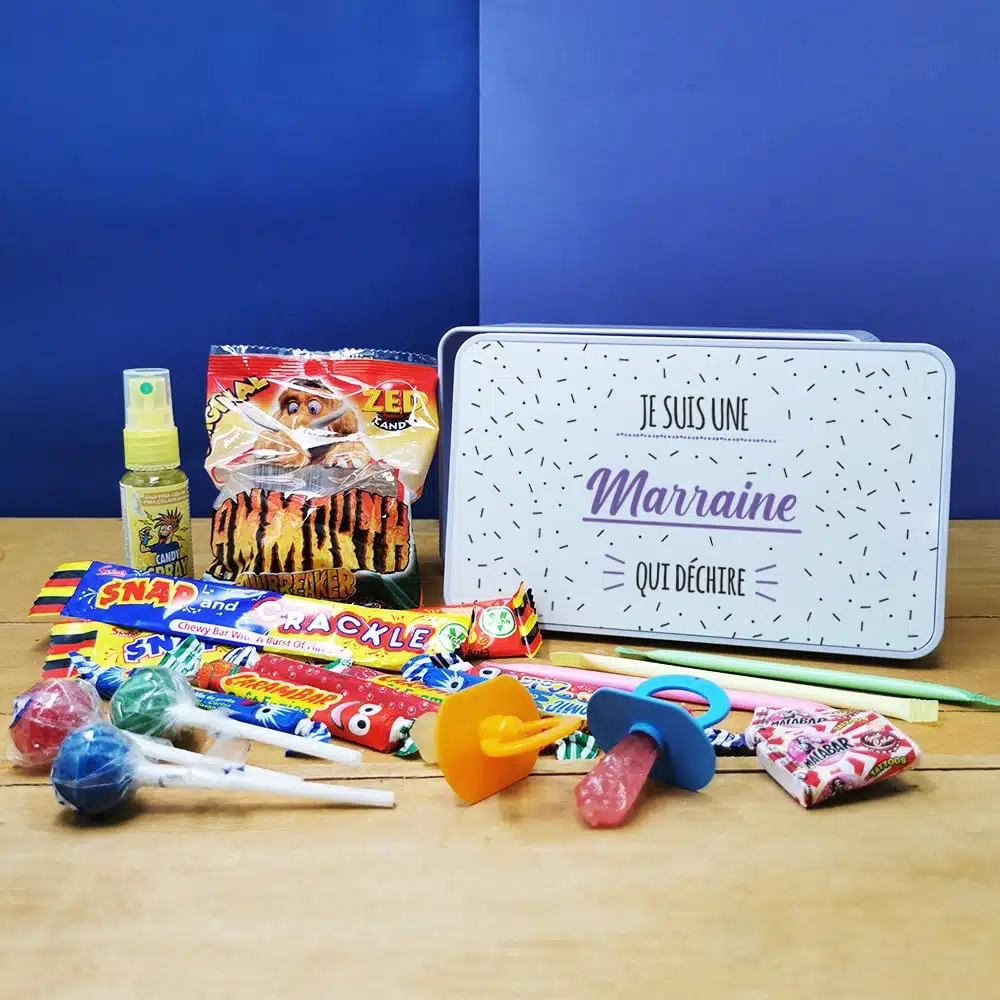 Coffret bonbons des années 90 “Marraine qui déchire” (Boîte en métal)