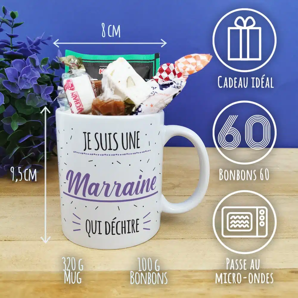 MUG “Je suis une marraine qui déchire” bonbons rétro 60 – Cadeau Marraine – Image 3