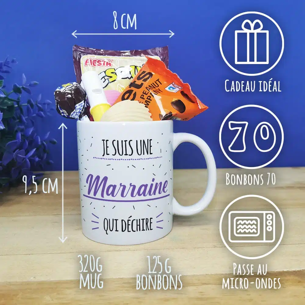 MUG “Je suis une marraine qui déchire” bonbons rétro 70 – Cadeau Marraine – Image 2
