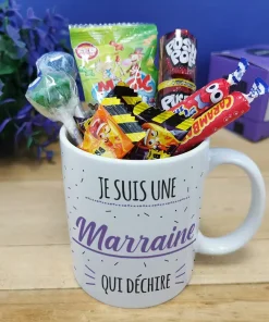 MUG “Je suis une marraine qui déchire” bonbons rétro 90 – Cadeau Marraine