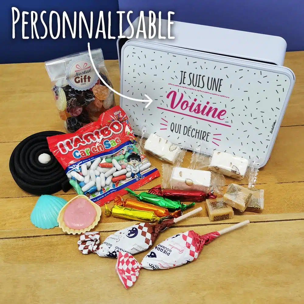 Coffret bonbons des années 60 “Je suis une voisine qui déchire” – cadeau personnalisé