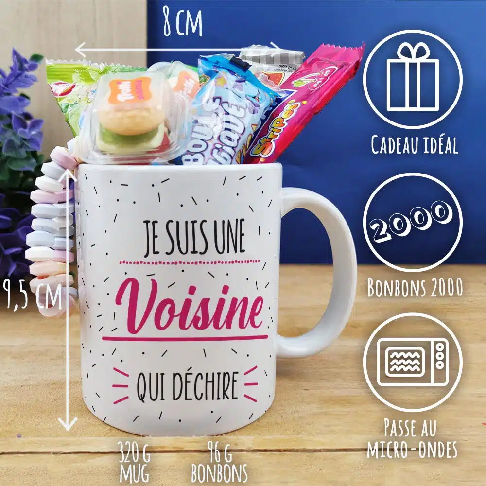 Mug bonbons des années 2000 “Je suis une voisine qui déchire”- cadeau personnalisé – Image 2