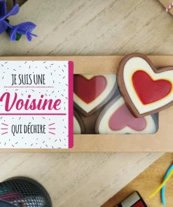 Cœurs au chocolat au lait rouge et blanc x4 “Je suis une voisine qui déchire”