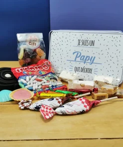 Coffret bonbons des années 60 “Je suis un papy qui déchire” (Boîte en métal)
