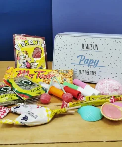 Coffret bonbons des années 70 “Je suis un papy qui déchire” (Boîte en métal)