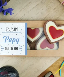 Cœurs au chocolat au lait rouge et blanc x4 “Je suis un papy qui déchire”