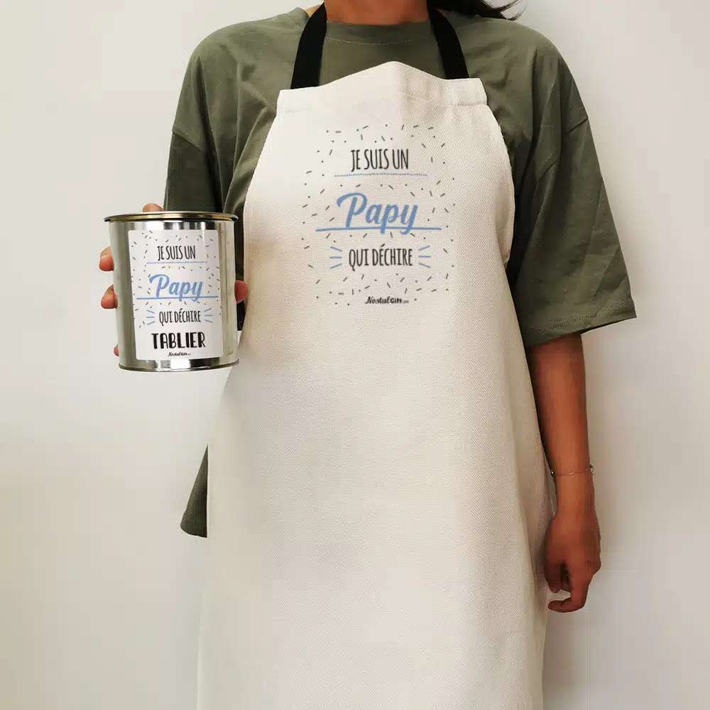Tablier de cuisine dans sa boîte de conserve “Je suis un papy qui déchire” – Image 3